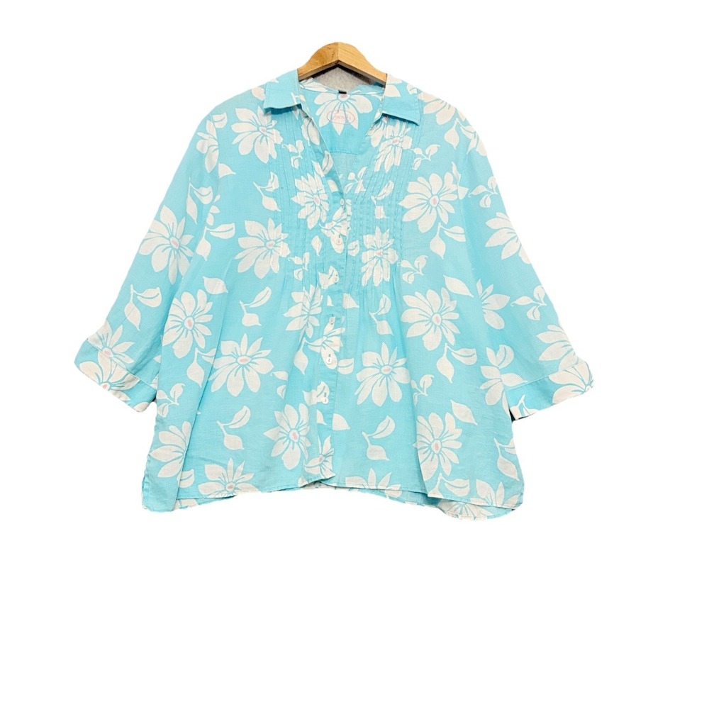 Foxcroft Button Down Shirt Womens Sz 16 100% Linen Floral Artsy‎ Office Vacation